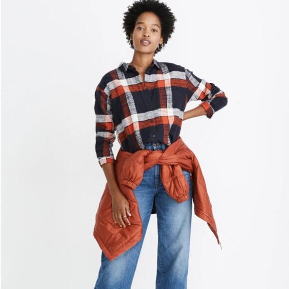 Madewell Women Oversized Ex-Boyfriend Flannel Shirt in Check Size XL Black Red - Picture 1 of 11